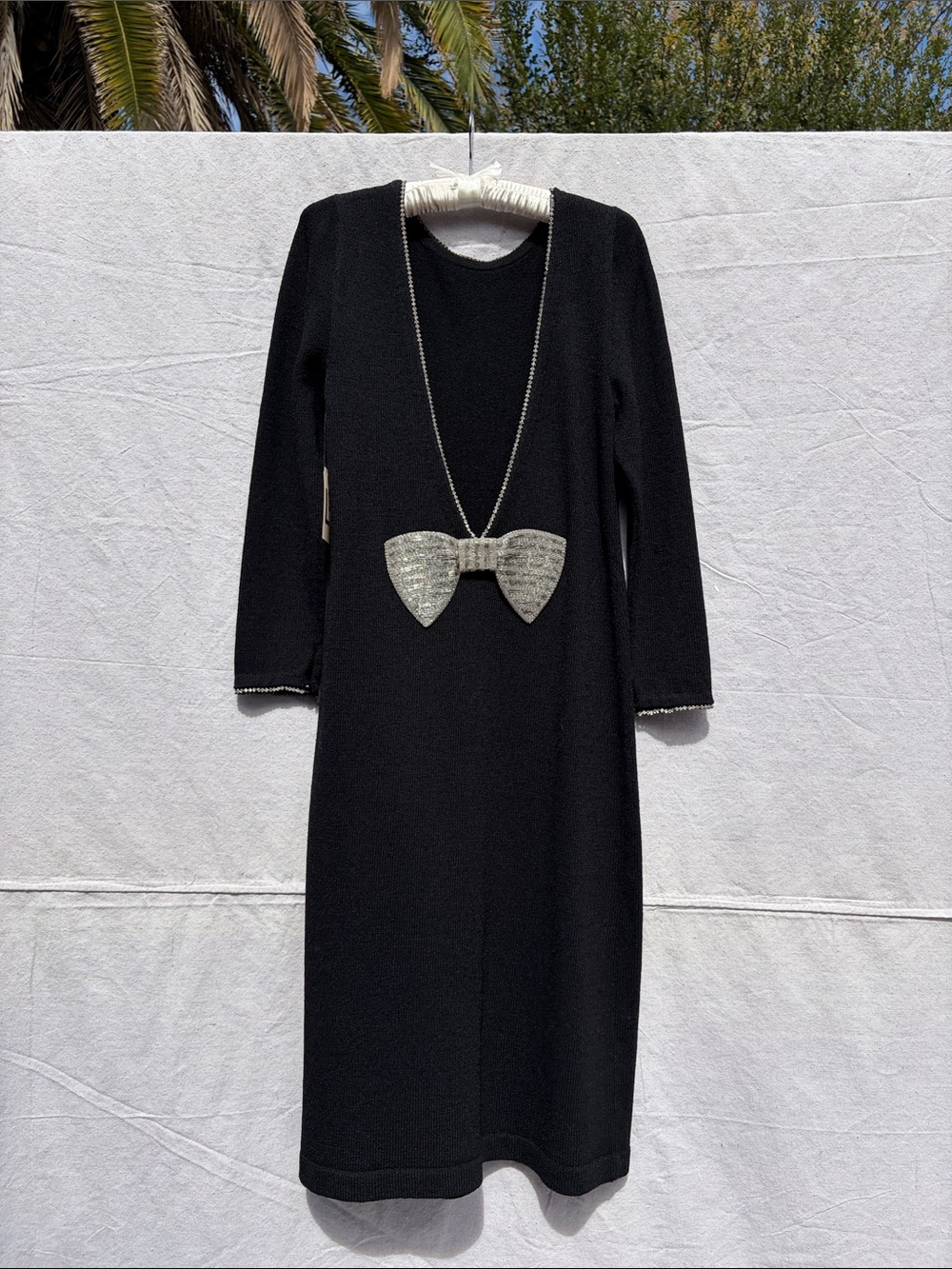 Black Long Sleeve Knit Dress with Bow Pendant